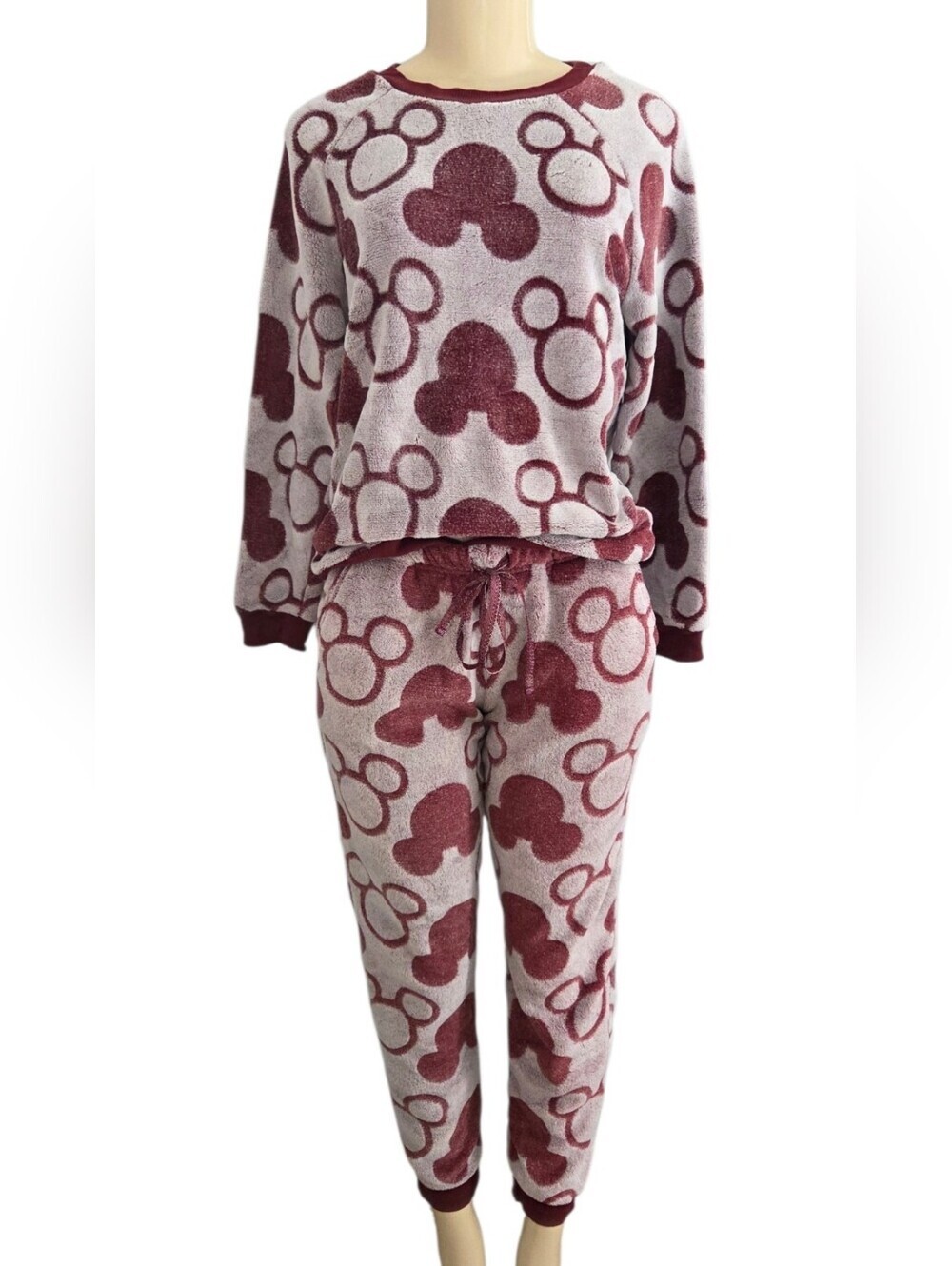 Disney Mickey Mouse Plush Fleece Pajama Set Burgundy Pink Size Medium